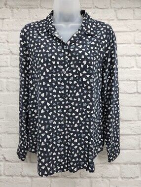 Rails Kate Black Corazon Heart Print 100% Silk Button Front Blouse Small